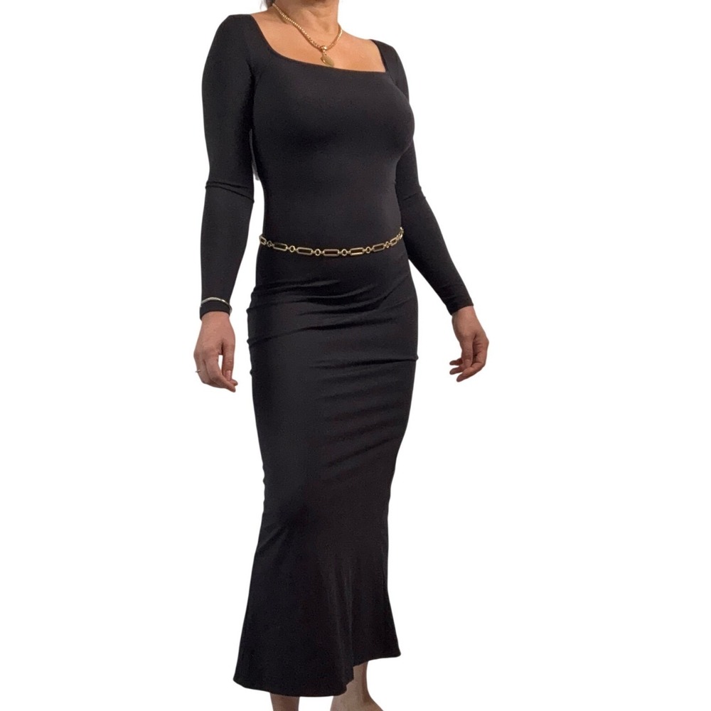 Black Long Sleeve Square Neck Maxi‎ Dress Side Slit Elegant Evening Formal